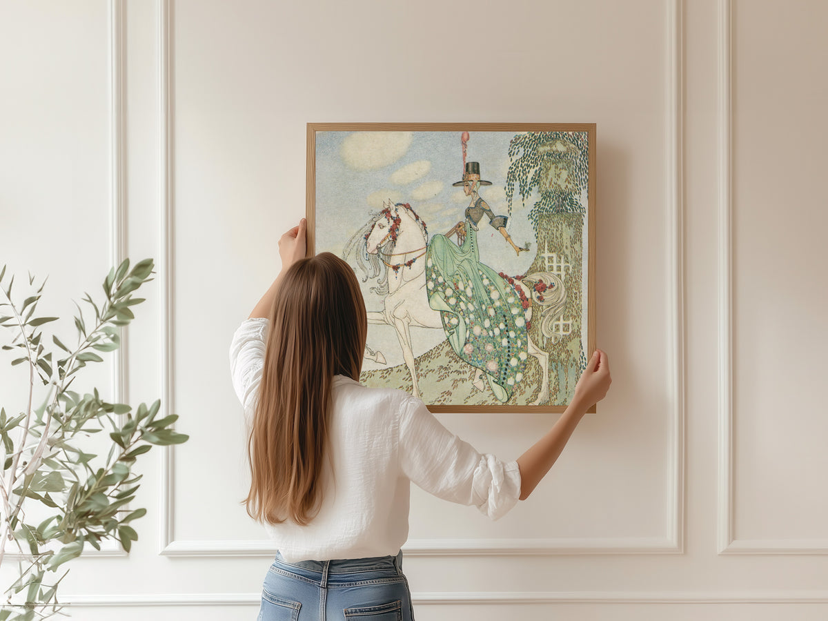Framed art print of In Powder and Crinoline: Princess Minon-Minette Rides Out into the World by Kay Nielsen, hung on a panelled wall