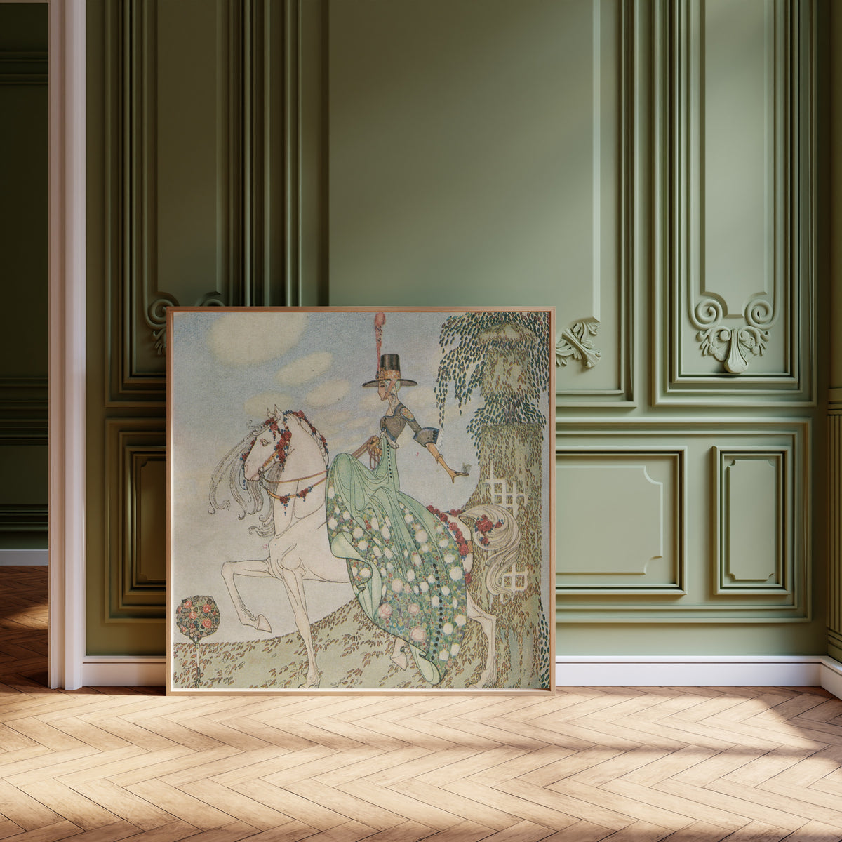 Framed art print of In Powder and Crinoline: Princess Minon-Minette Rides Out… by Kay Nielsen, leaning against olive-green panelling on a herringbone floor
