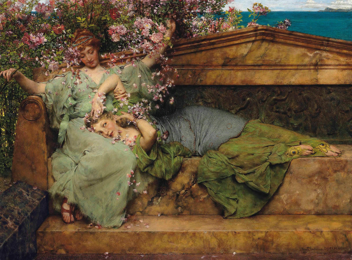 In a Rose Garden by Lawrence Alma-Tadema — Two women rest on a marble bench beneath climbing roses by the sea