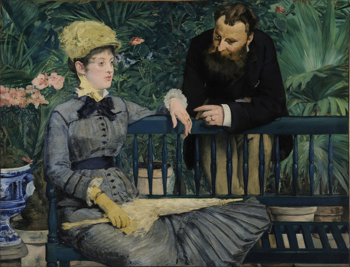 In the Conservatory by Édouard Manet — A woman in grey on a green bench, a bearded man leaning over its back