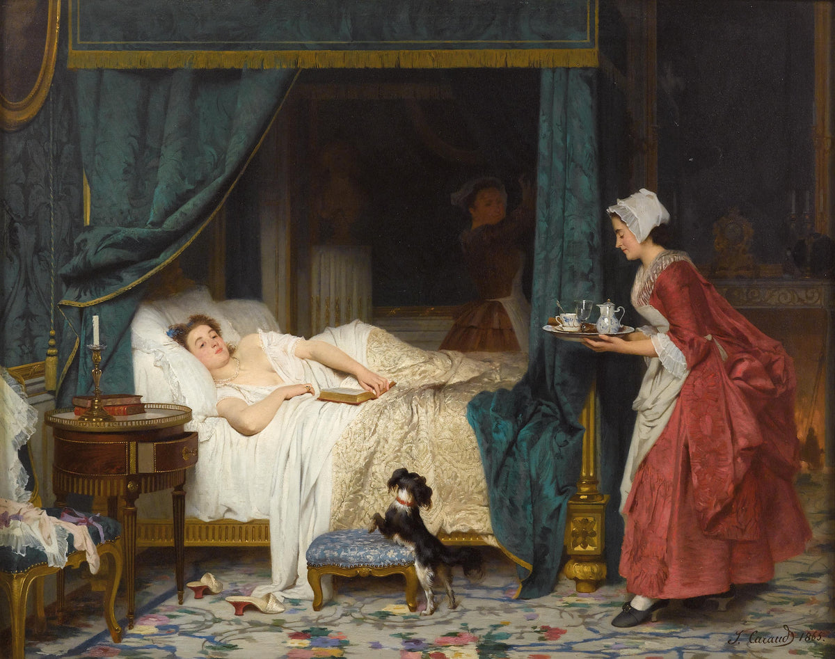 In the Morning by Joseph Caraud — A maid brings breakfast to a lady in a canopied bed