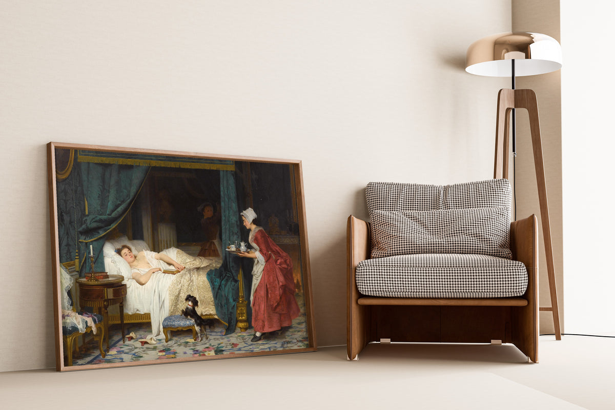 Framed art print of In the Morning by Joseph Caraud, leaning against a wall beside an armchair and a floor lamp