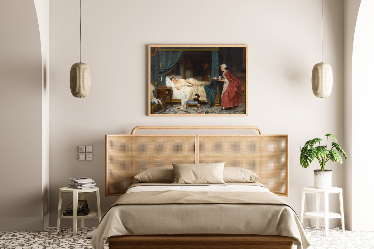 Framed art print of In the Morning by Joseph Caraud, above a cane-headboard bed