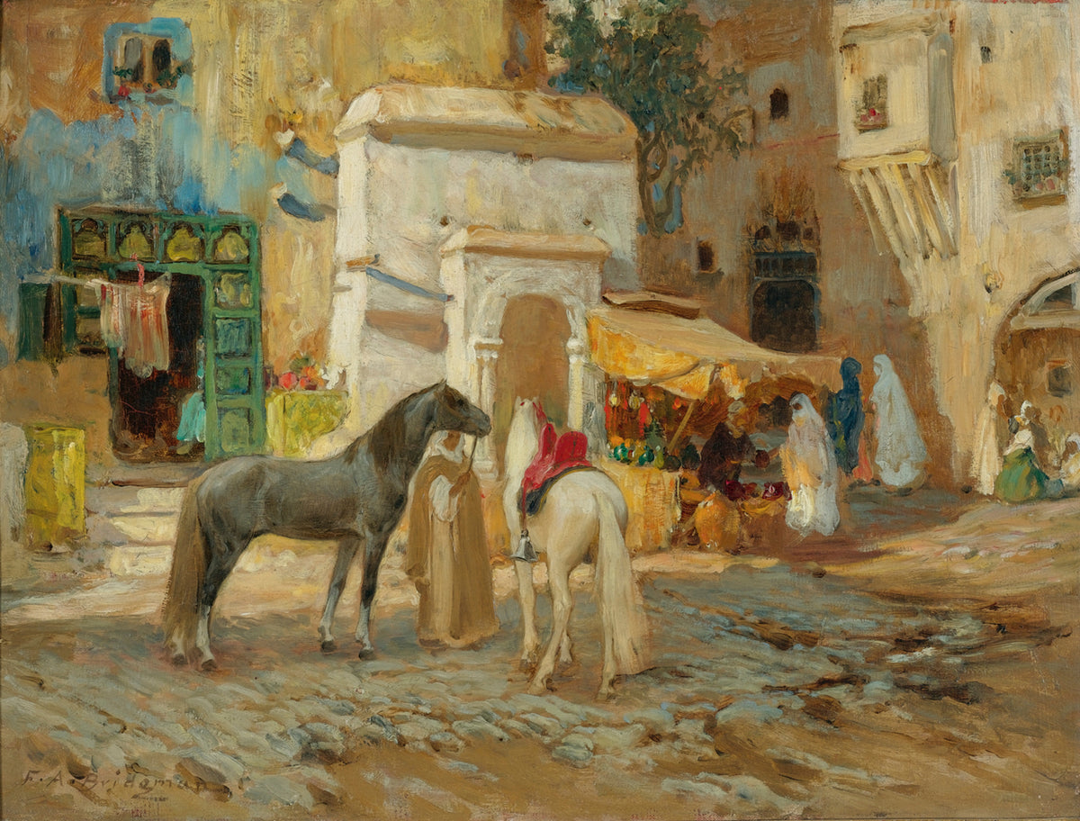 In the Souk, Algiers (The Market Square) by Frederick Arthur Bridgman — A grey horse and a white horse wait in a sunlit Algiers market square