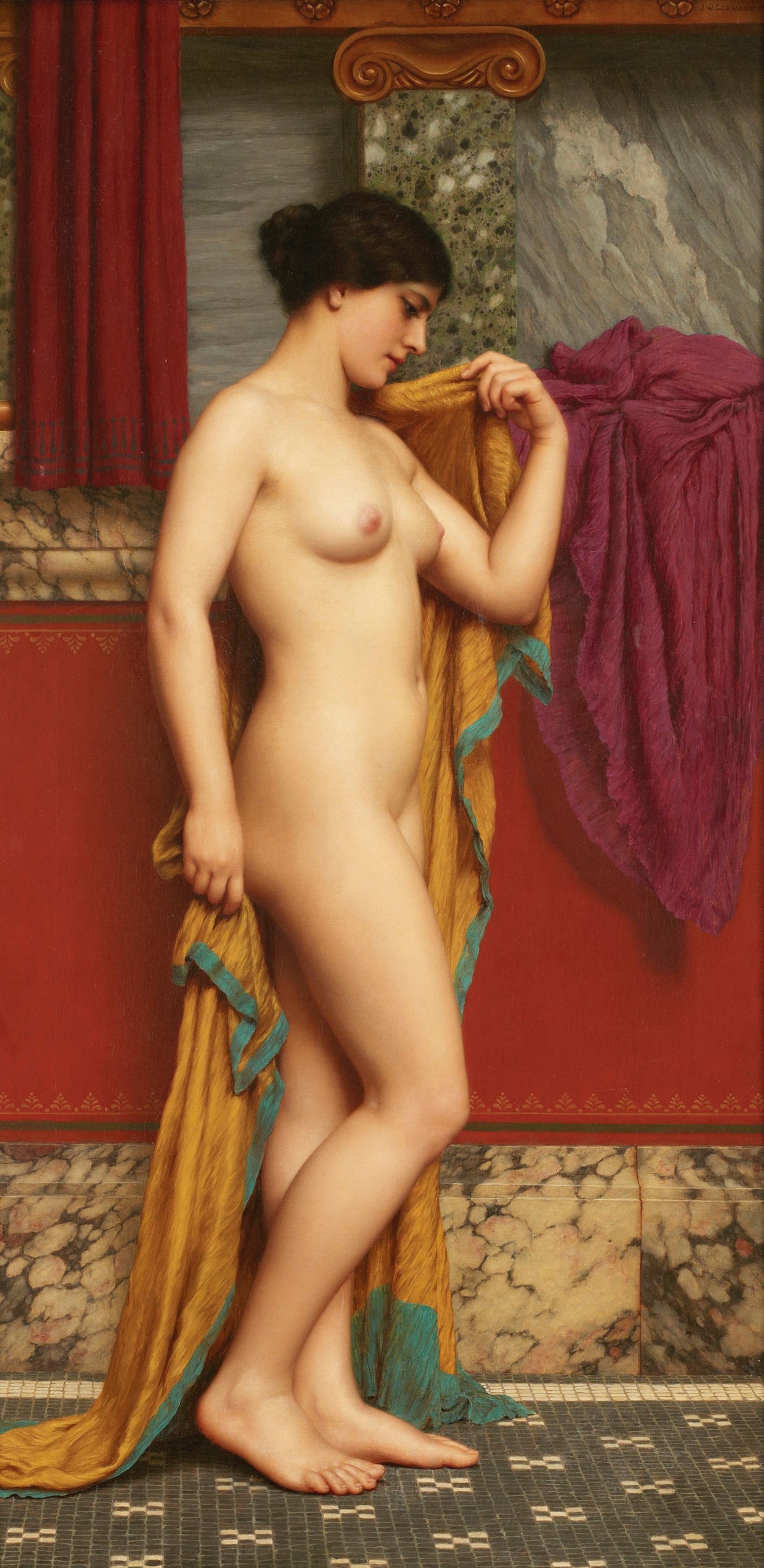 In the Tepidarium by John William Godward — A bather in a Roman tepidarium gathers a saffron towel