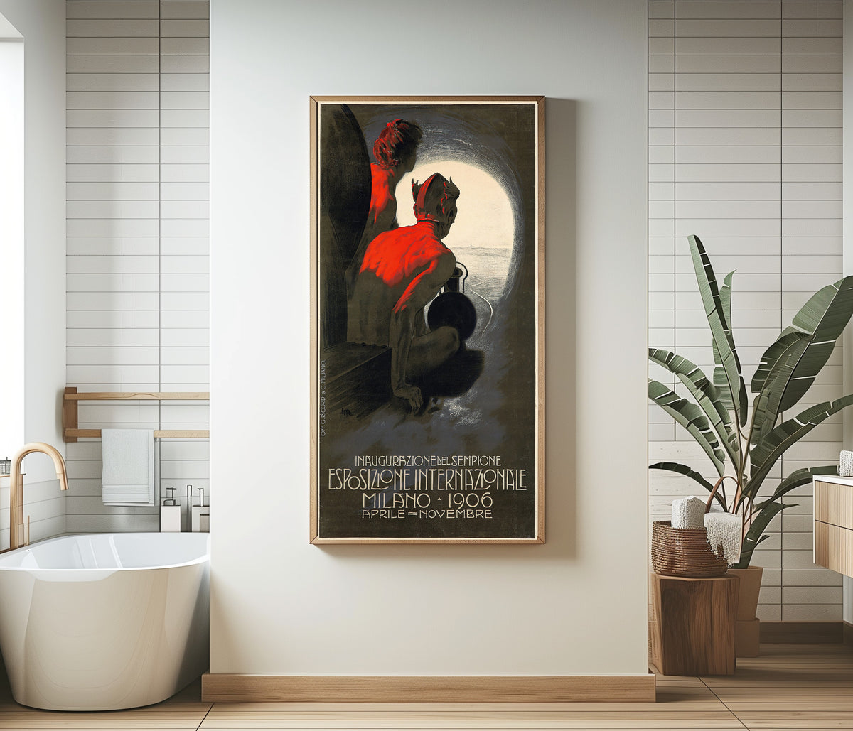 Framed art print of Inaugurazione del Sempione: Esposizione Internazionale, Milano 1906 by Leopoldo Metlicovitz, in a bathroom beside a freestanding tub