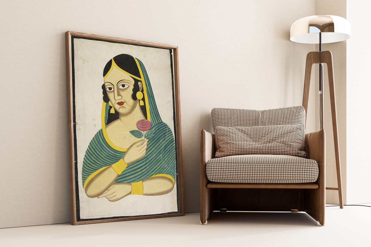 Kalighat painter — Indian Courtesan, Head and Shoulders, a Rose in Her Hand | Kalighat Painting Print