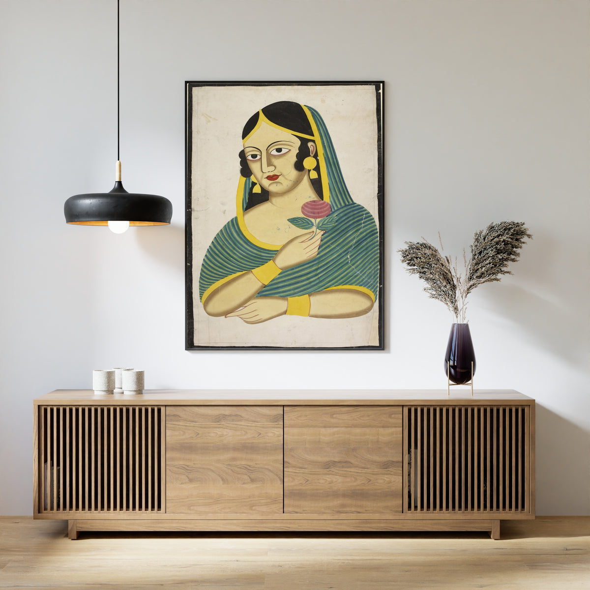 Kalighat painter — Indian Courtesan, Head and Shoulders, a Rose in Her Hand | Kalighat Painting Print