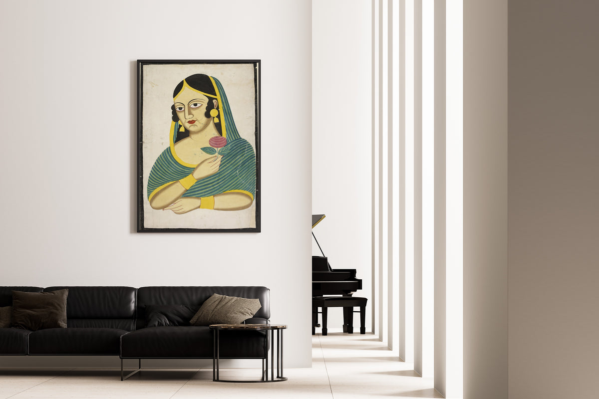 Kalighat painter — Indian Courtesan, Head and Shoulders, a Rose in Her Hand | Kalighat Painting Print