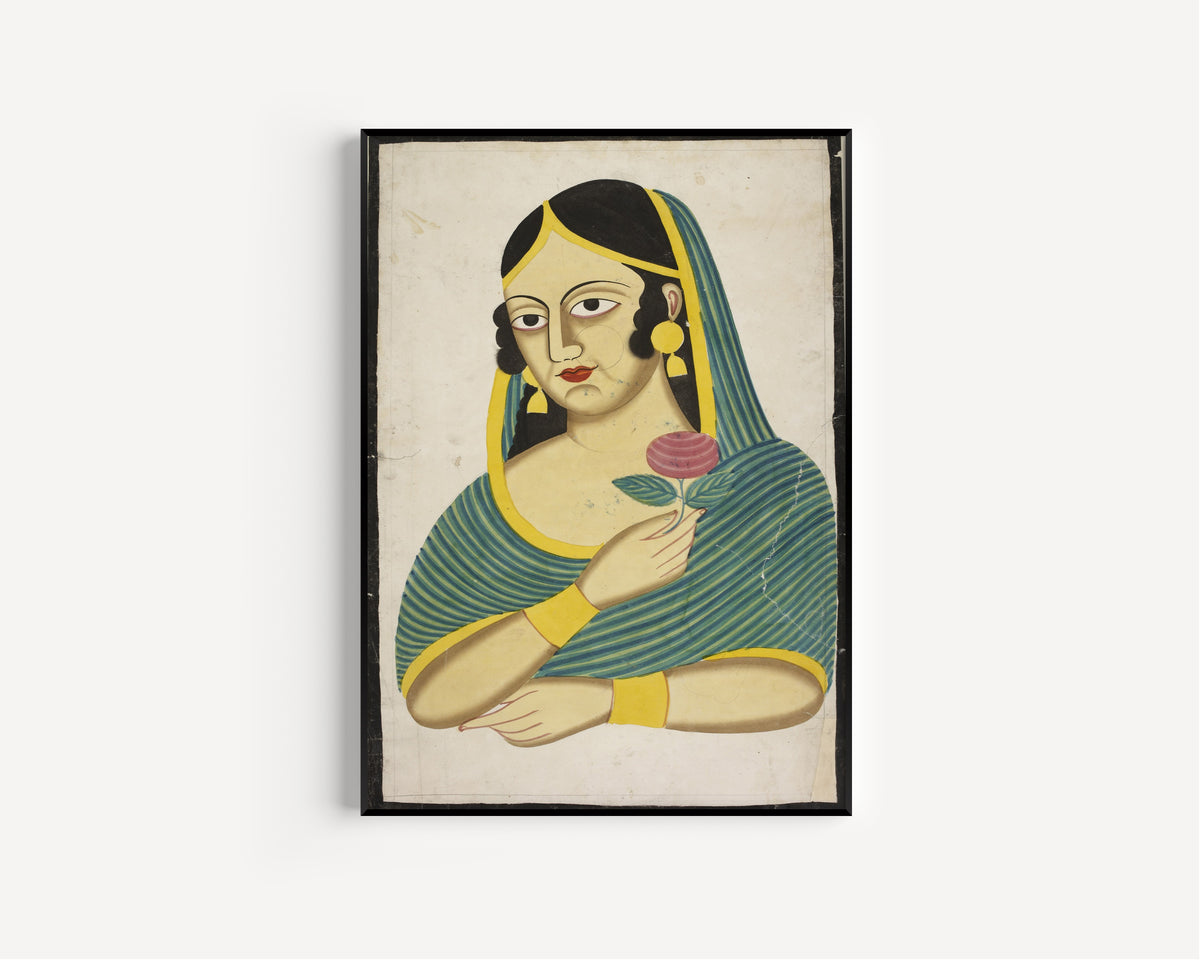 Kalighat painter — Indian Courtesan, Head and Shoulders, a Rose in Her Hand | Kalighat Painting Print