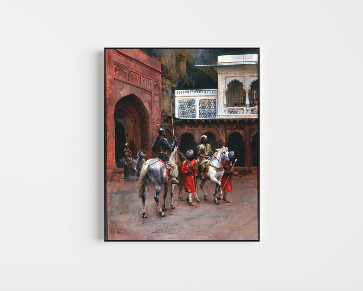 Framed art print of Indian Prince, Palace of Agra by Edwin Lord Weeks, in a slim black frame on a plain white wall