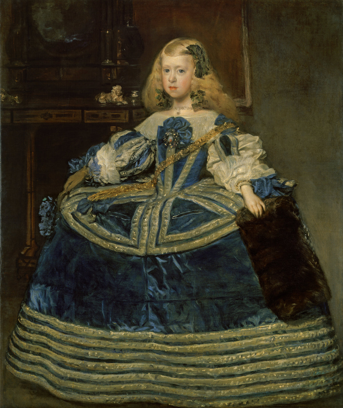 Infanta Margarita Teresa in a Blue Dress by Diego Velázquez — A young girl in a wide blue gown banded with silver lace