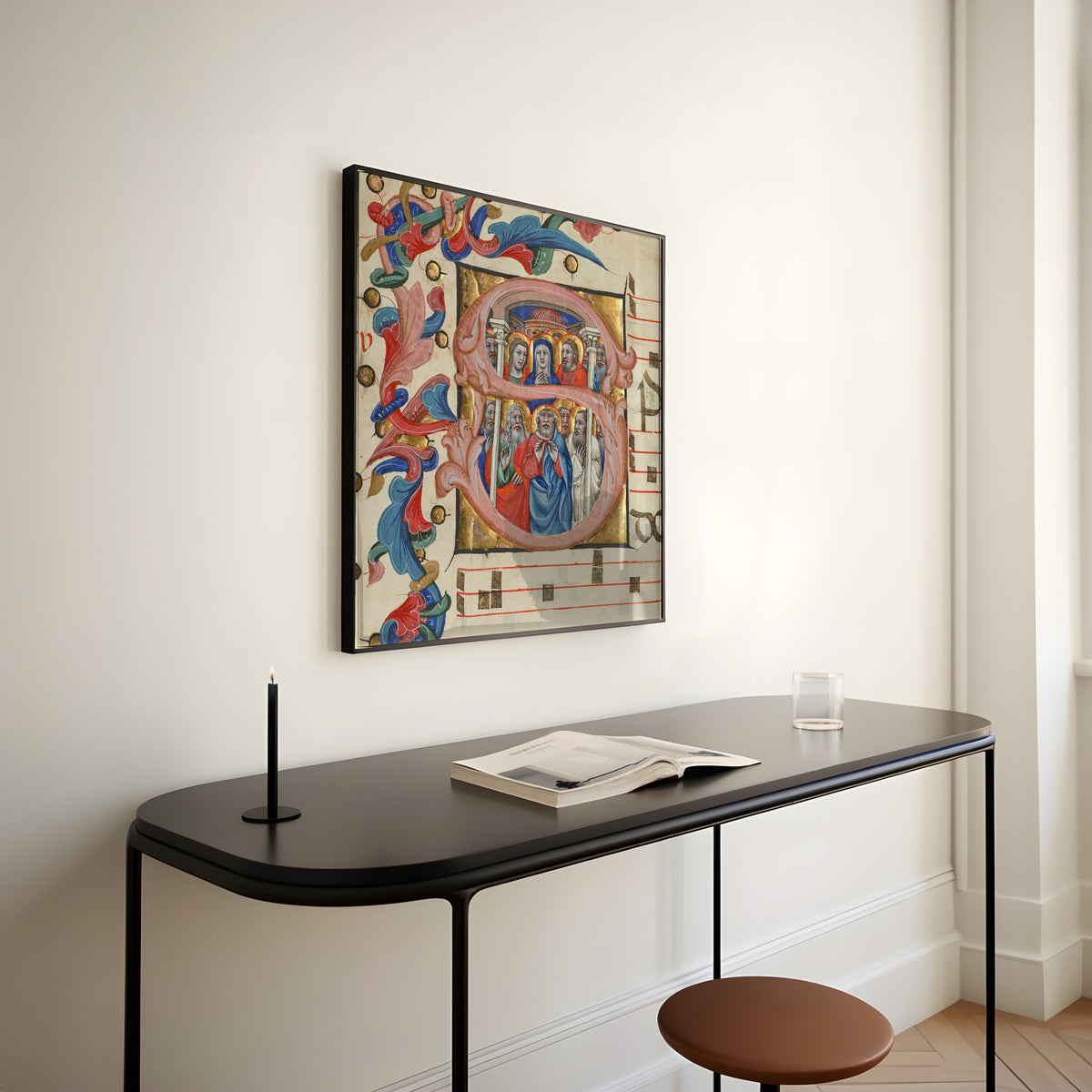 Framed art print of Initial S: Pentecost by Niccolò di Giacomo da Bologna, above a slim black console table
