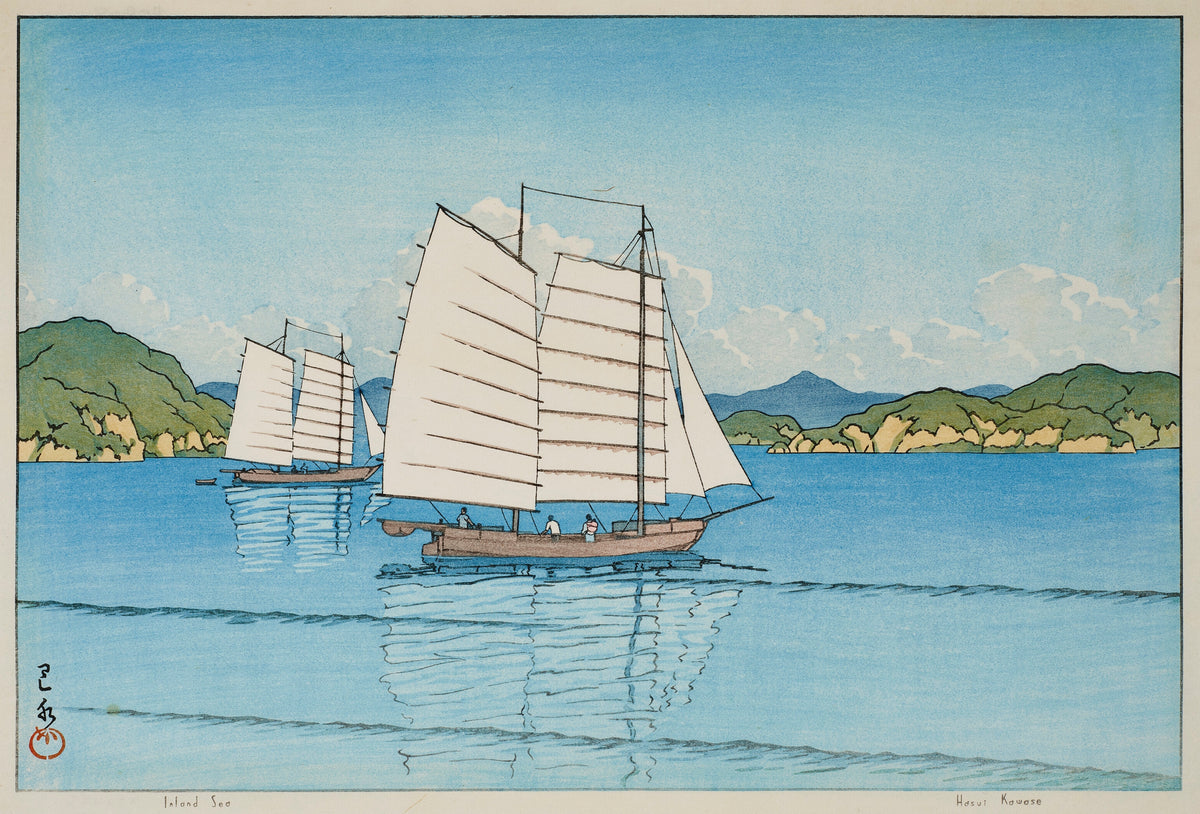 Inland Sea by Kawase Hasui — Two white-sailed boats crossing a calm blue sea