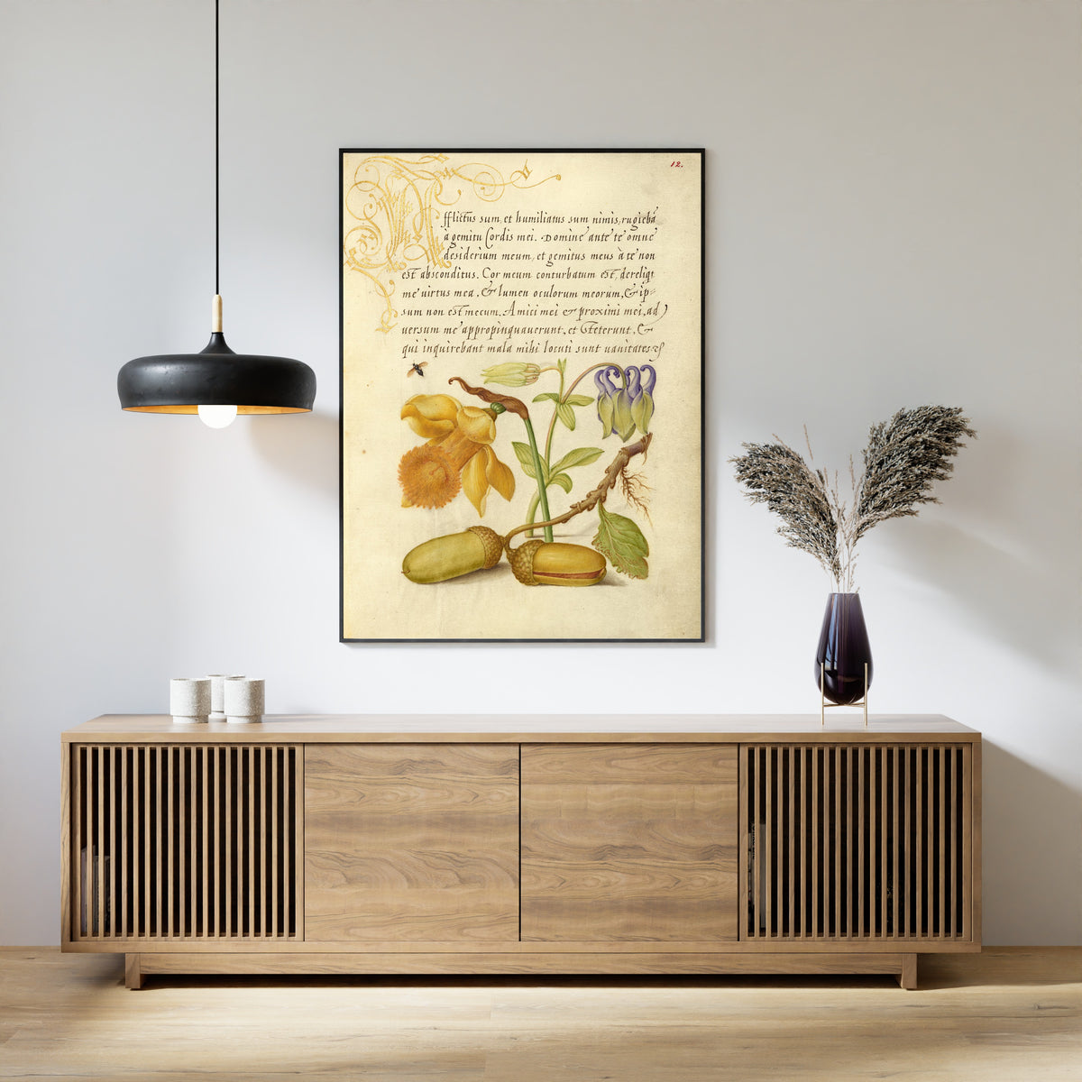 Joris Hoefnagel — Insect, Daffodil, European Columbine, and English Oak Acorns | Botanical Calligraphy Print