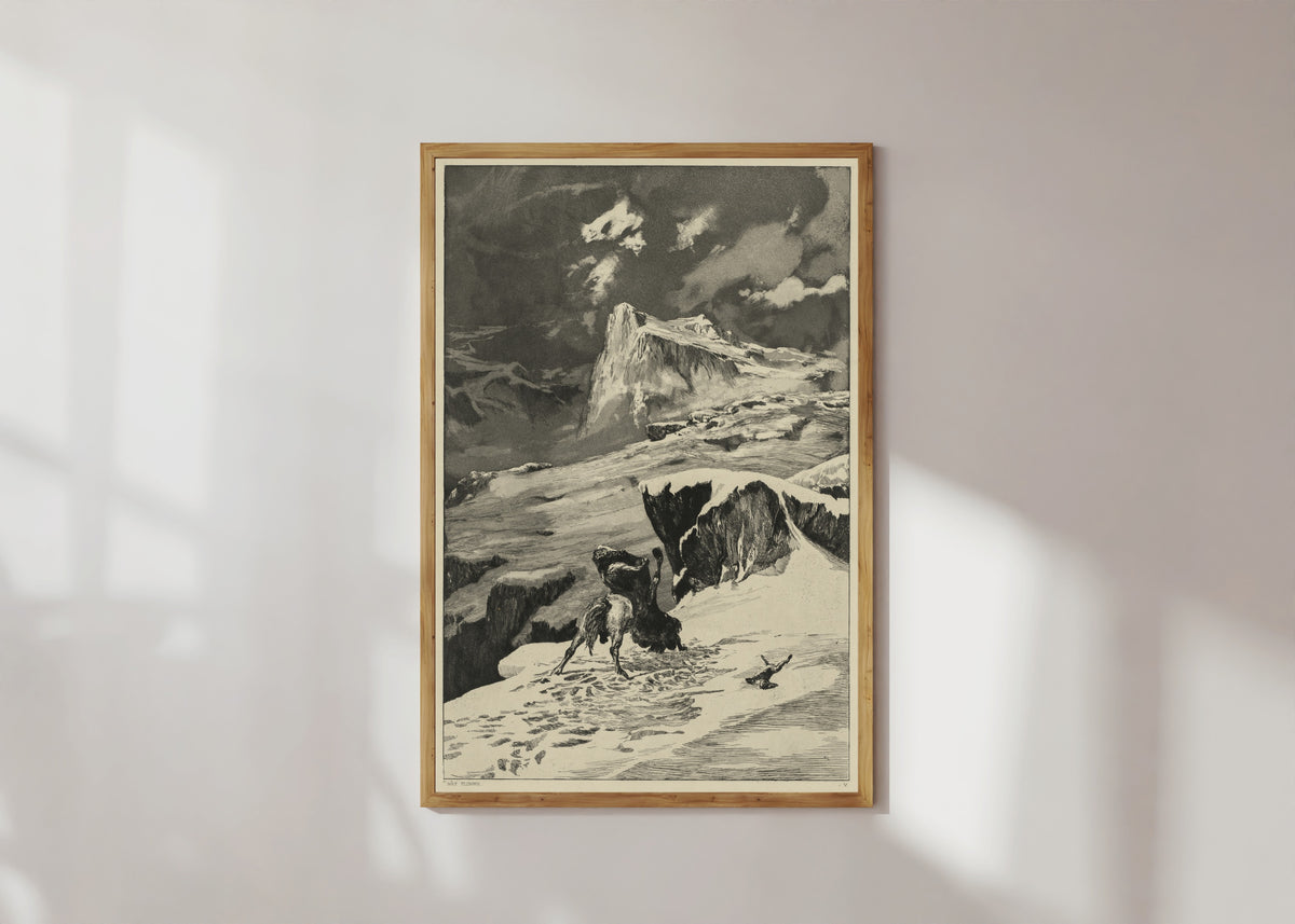 Framed art print of Intermezzi: Battling Centaurs by Max Klinger, in a light wood frame on a sunlit white wall