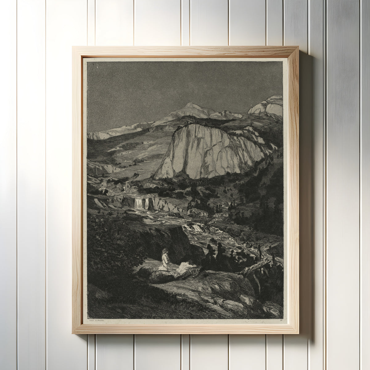 Framed art print of Intermezzi: Moonlit Night by Max Klinger, in a light wood frame on a white panelled wall