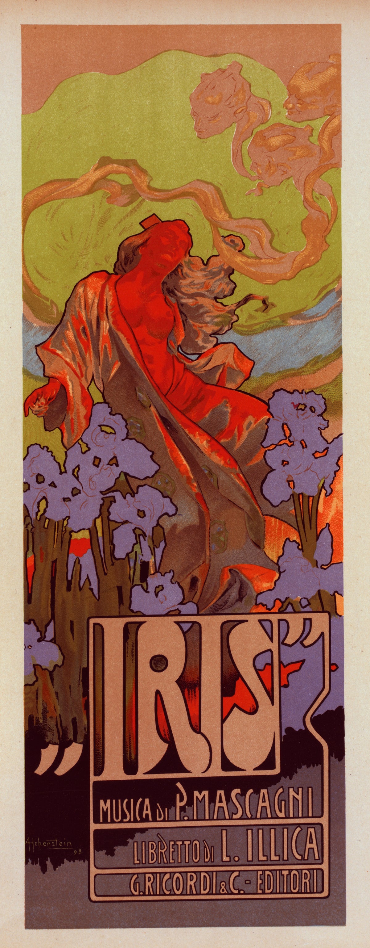 Iris by Adolfo Hohenstein — A woman in red sweeps through purple irises beneath faces