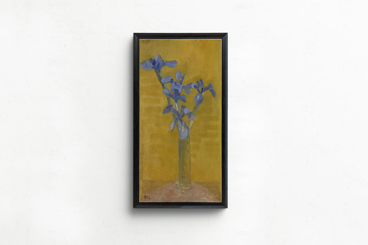 Framed art print of Irises by Piet Mondrian, in a slim black frame on a plain white wall