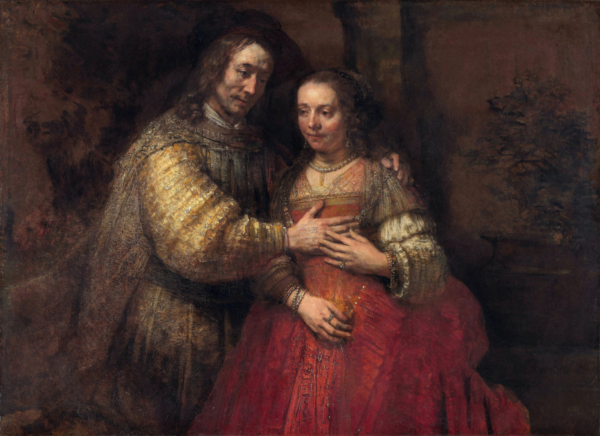 Isaac and Rebecca, Known as 'The Jewish Bride' by Rembrandt van Rijn — A man in golden sleeves draws a young woman in red close