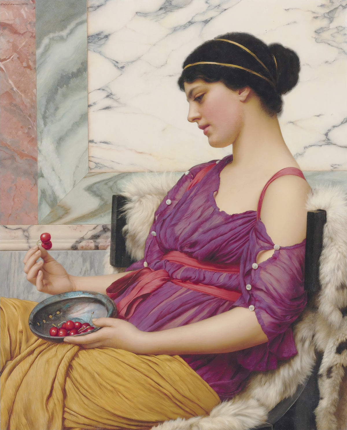 Ismenia by John William Godward — A woman in violet silk lifts a pair of cherries from a shell dish
