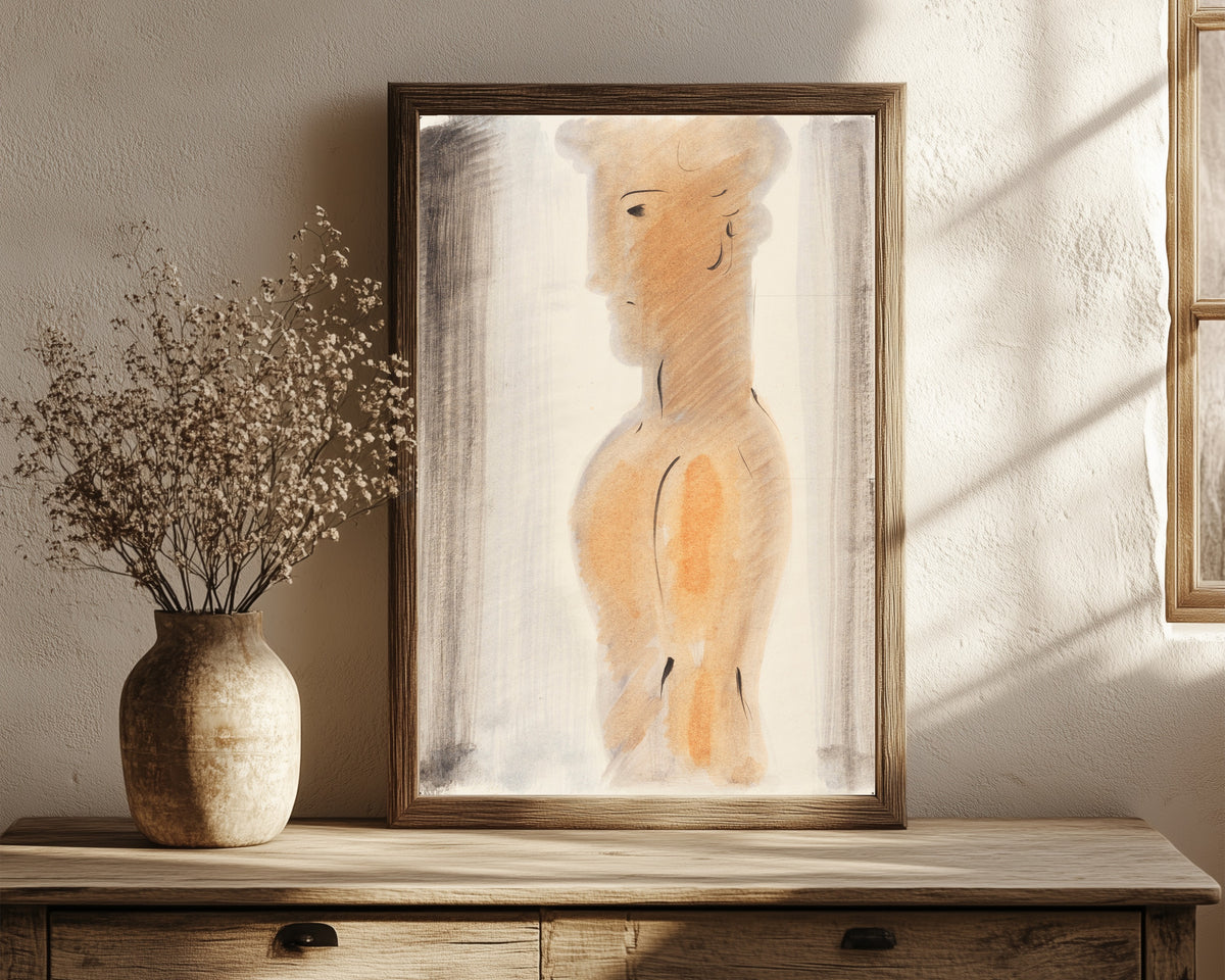Framed art print of Jünglingsfigur im Profil by Oskar Schlemmer, in a dark wood frame leaning on a rustic console beside dried flowers