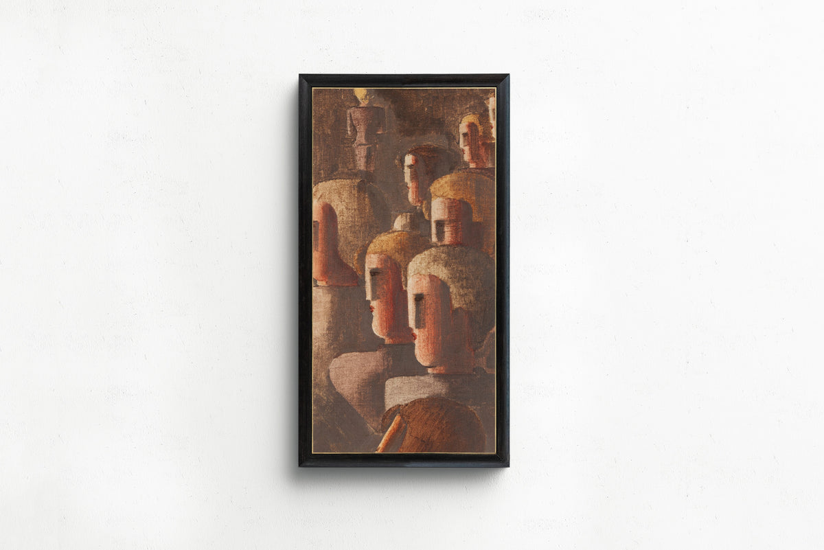 Framed art print of Jünglingsgruppe in Braun by Oskar Schlemmer, in a slim black frame on a plain white wall