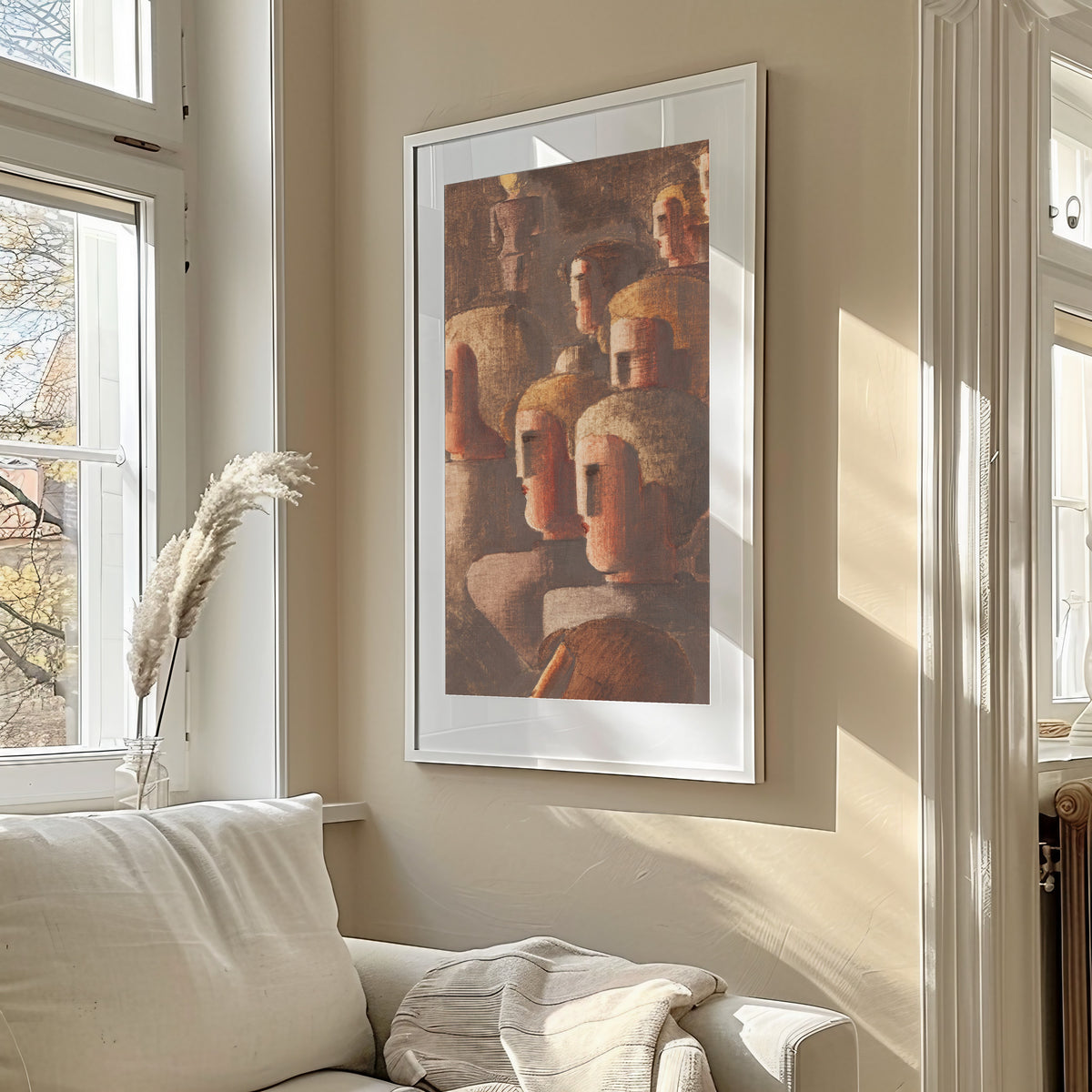 Framed art print of Jünglingsgruppe in Braun by Oskar Schlemmer, in a sunlit living room above a sofa