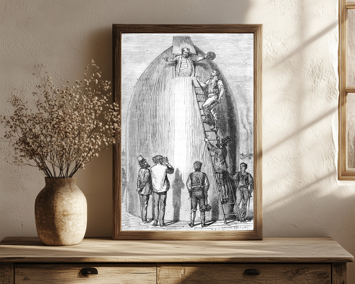 Framed art print of J.-T. Maston avait engraissé! (J.-T. Maston had… by Henri de Montaut, in a dark wood frame leaning on a rustic console beside dried flowers