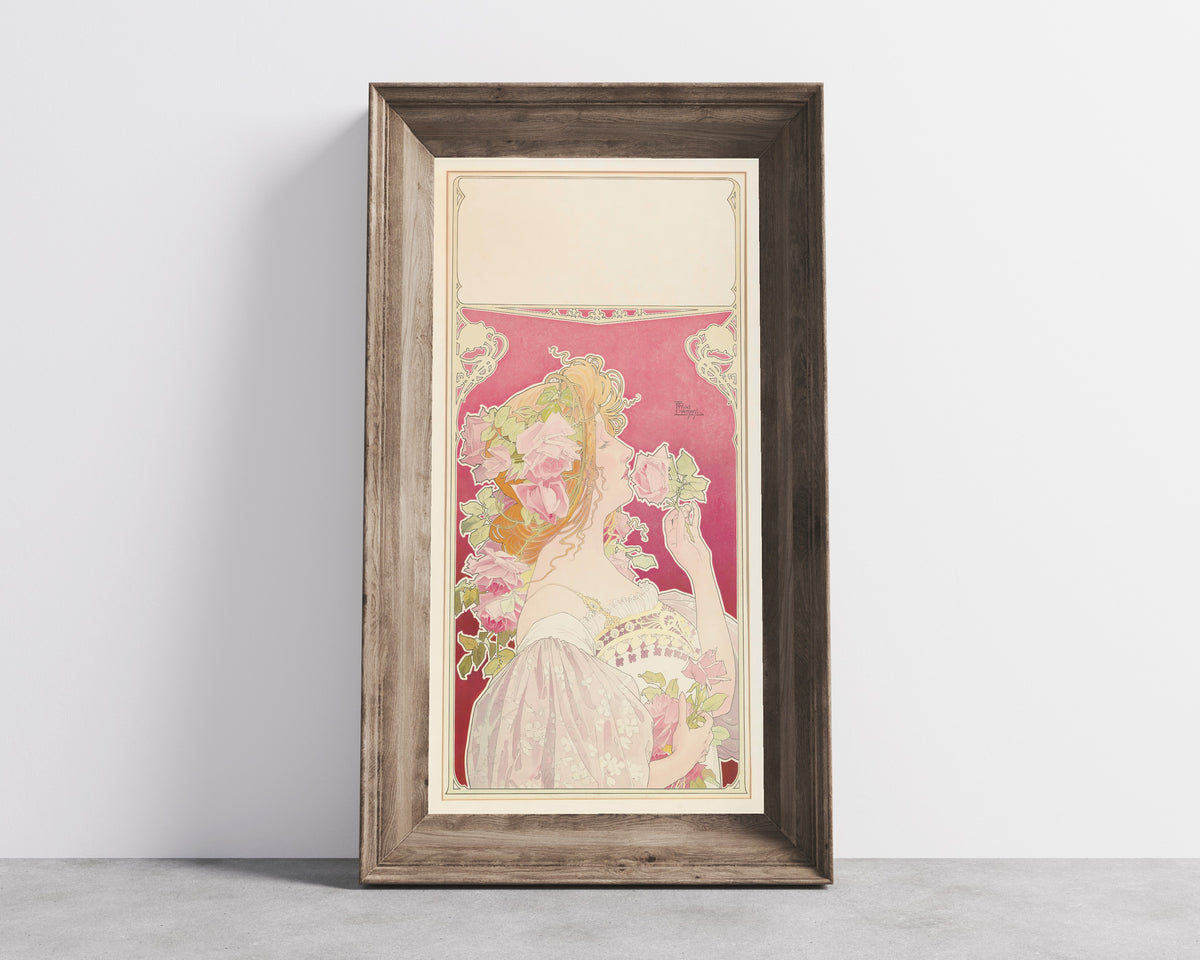 Framed art print of J.C. Boldoot Eau de Cologne (unlettered state) by Henri Privat-Livemont, in a wide wooden frame leaning against a concrete wall
