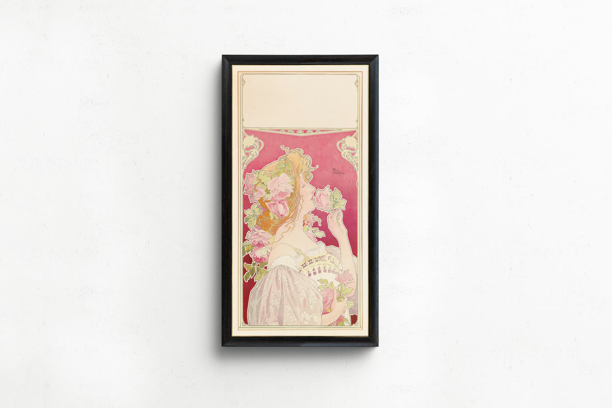 Framed art print of J.C. Boldoot Eau de Cologne (unlettered state) by Henri Privat-Livemont, in a slim black frame on a plain white wall