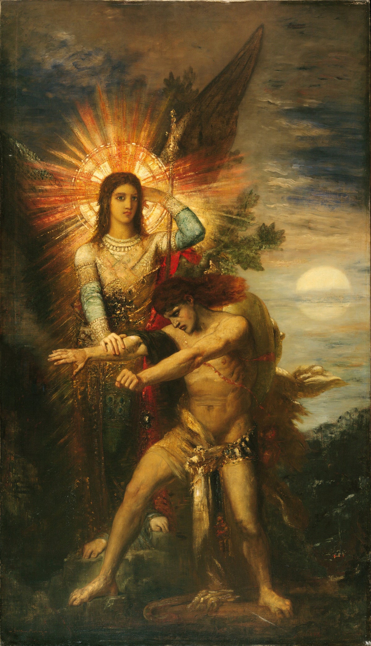 Jacob and the Angel by Gustave Moreau — A haloed angel calmly holds back a straining, red-haired man