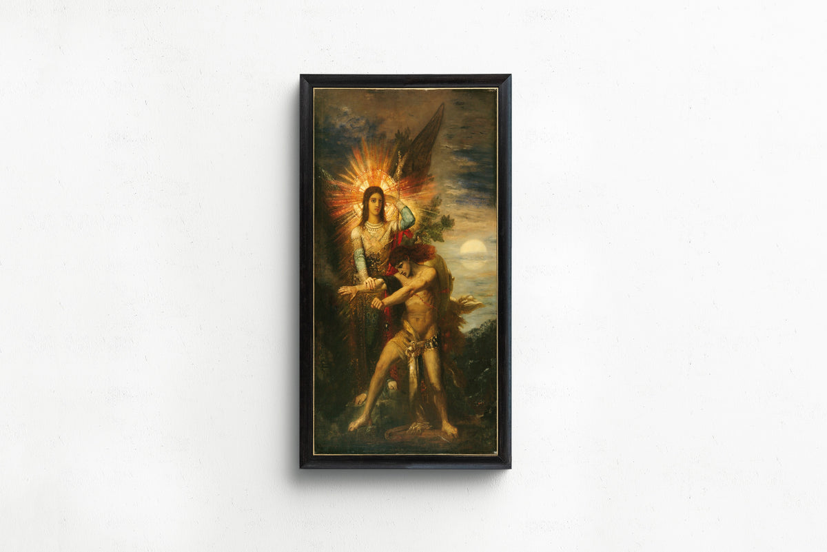 Framed art print of Jacob and the Angel by Gustave Moreau, in a slim black frame on a plain white wall