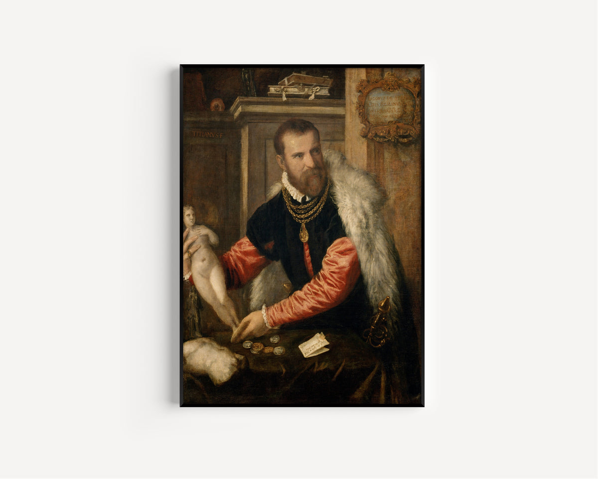 Framed art print of Jacopo Strada by Titian, in a slim black frame on a plain white wall