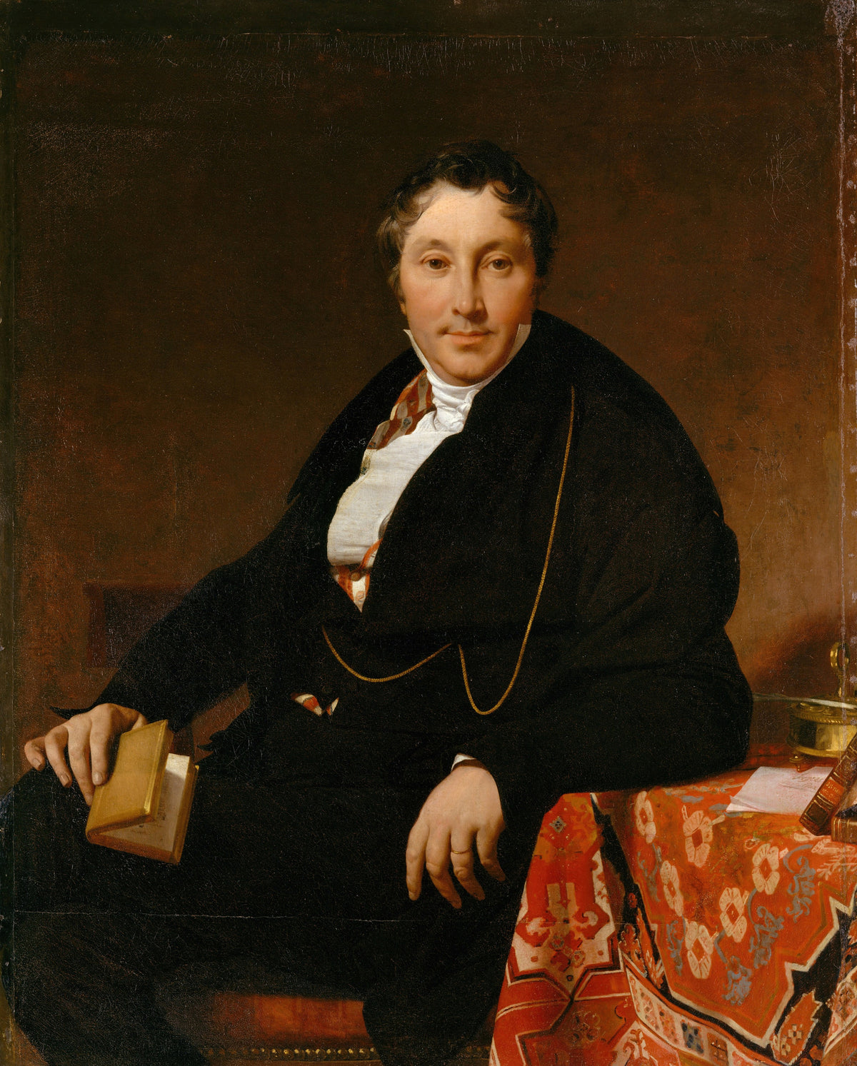 Jacques-Louis Leblanc (1774-1846) by Jean-Auguste-Dominique Ingres — A man in black with a closed book beside a red-patterned table