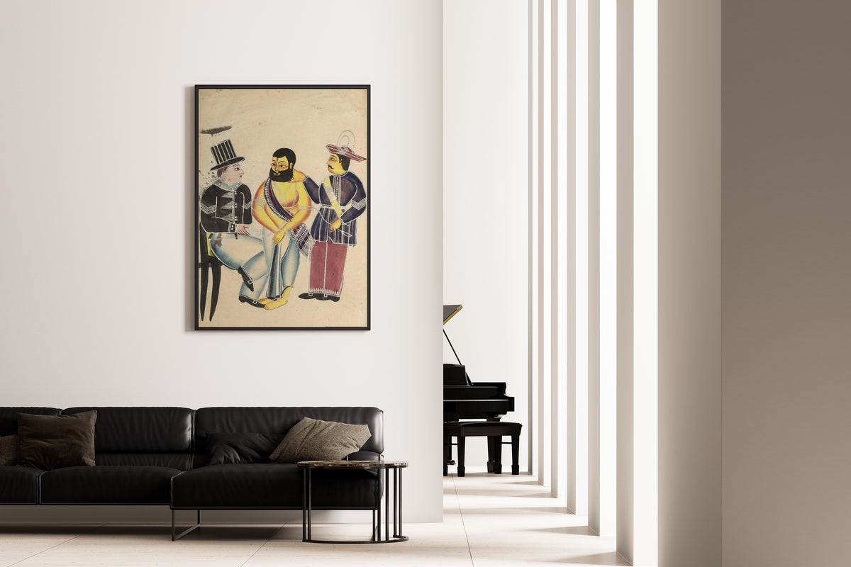 Kalighat painter — Jailer Receiving the Mahant of Tarakeshwar in Prison | Kalighat Painting Print