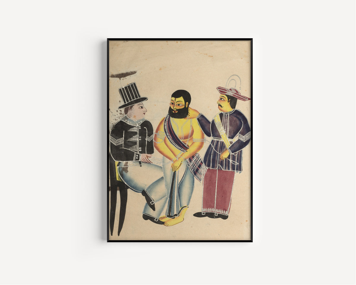 Kalighat painter — Jailer Receiving the Mahant of Tarakeshwar in Prison | Kalighat Painting Print