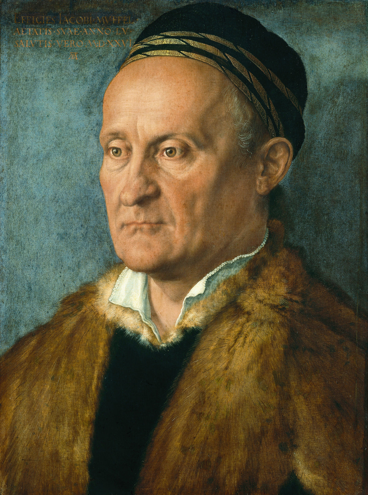 Jakob Muffel by Albrecht Dürer — A man in a fur coat gazes out from a mottled blue ground