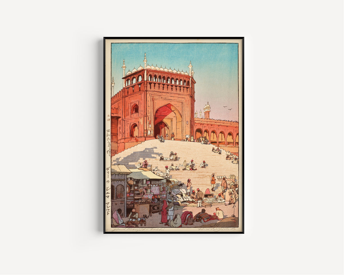 Framed art print of Jama Masjid, Delhi by Hiroshi Yoshida, in a slim black frame on a plain white wall
