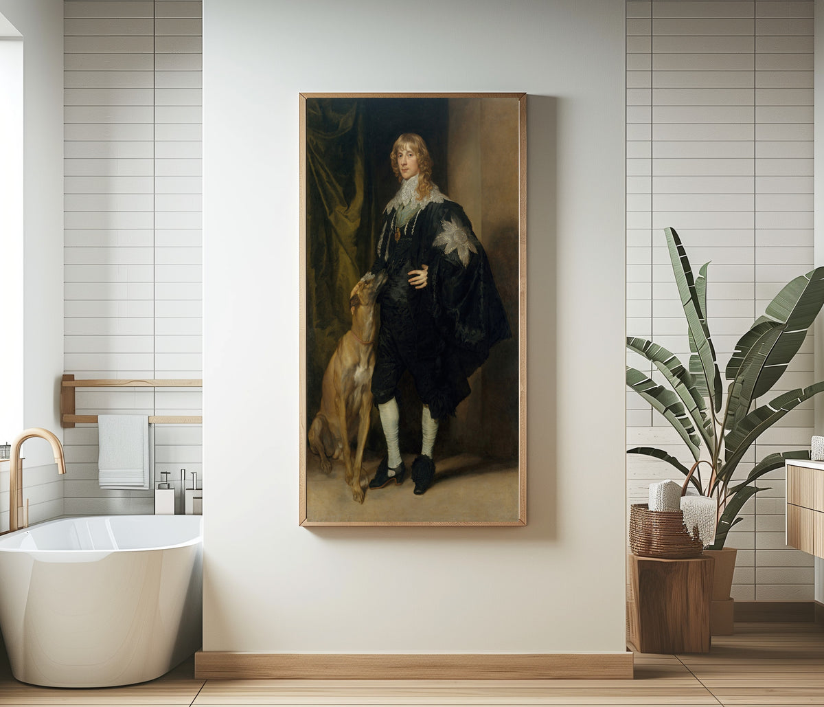 Framed art print of James Stuart (1612–1655), Duke of Richmond and Lennox by Anthony van Dyck, in a bathroom beside a freestanding tub