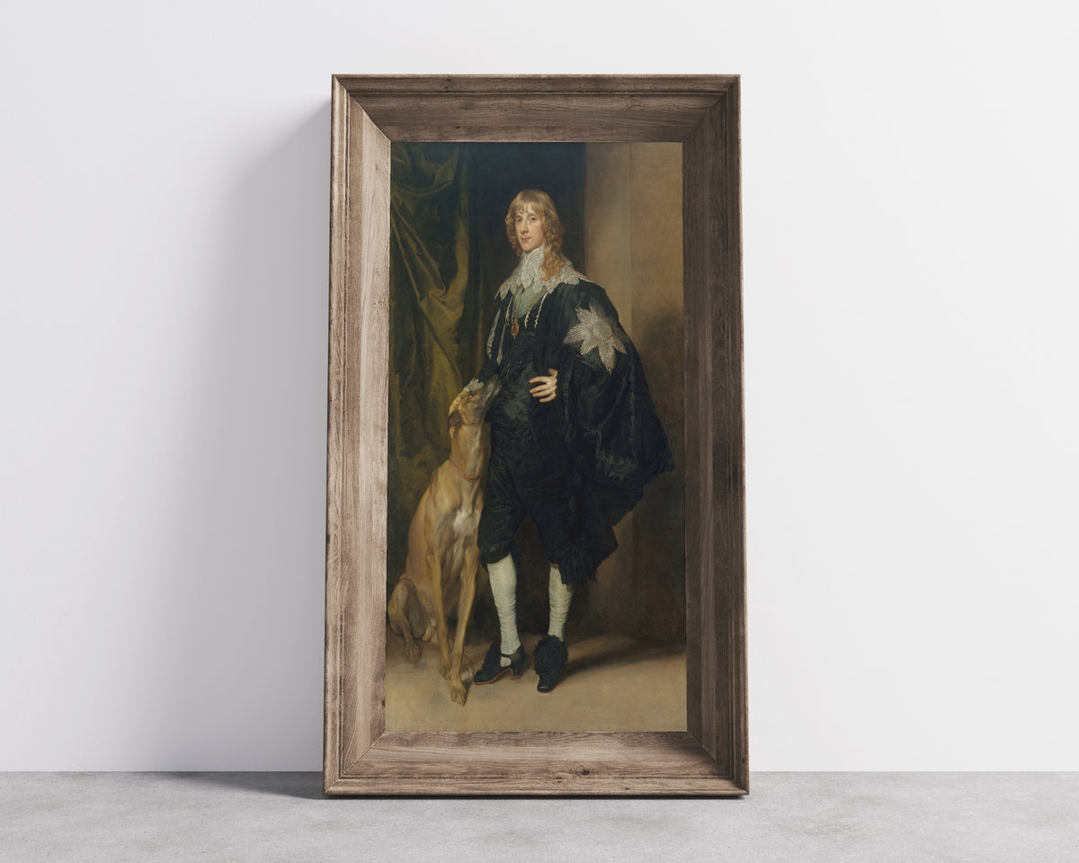 Framed art print of James Stuart (1612–1655), Duke of Richmond and Lennox by Anthony van Dyck, in a wide wooden frame leaning against a concrete wall