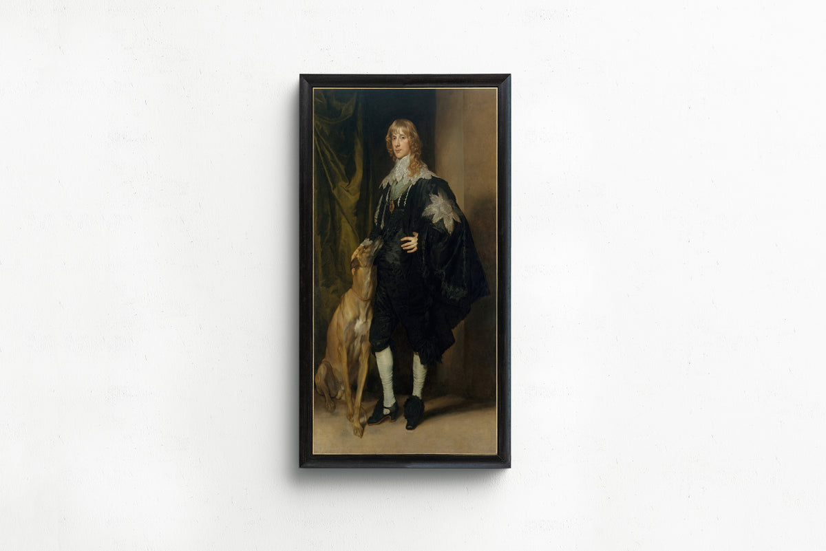 Framed art print of James Stuart (1612–1655), Duke of Richmond and Lennox by Anthony van Dyck, in a slim black frame on a plain white wall