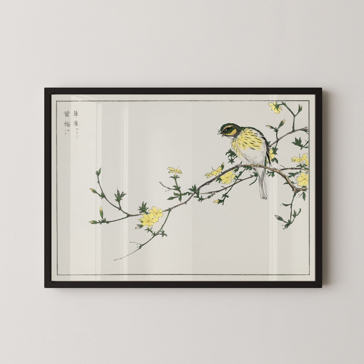 Numata Kashū — Black-faced Bunting and Winter Jasmine | Japanese Bird & Flower Woodblock Print