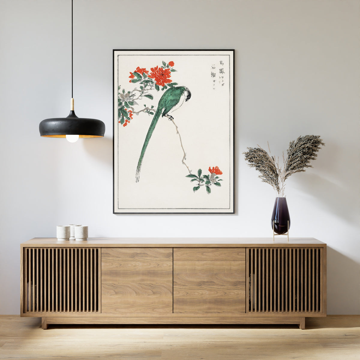 Numata Kashū — Azure-winged Magpie and Pomegranate | Japanese Bird & Flower Woodblock Print