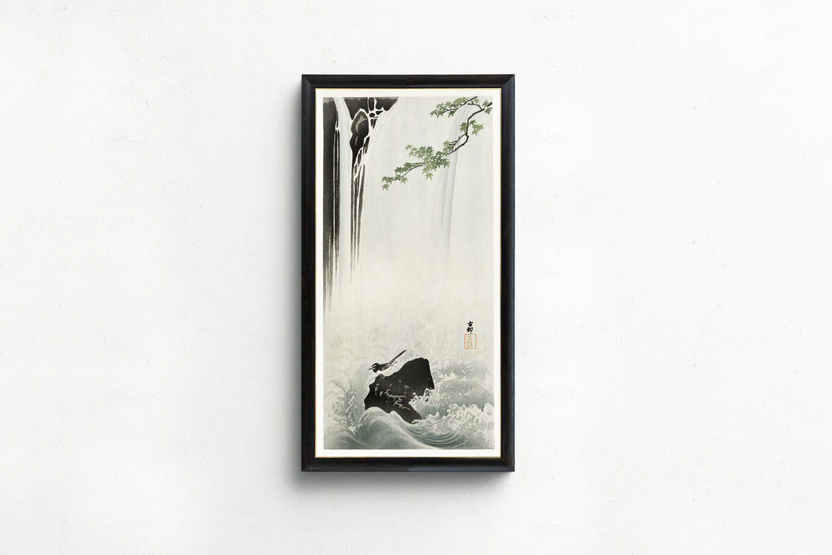 Framed art print of Japanese Wagtail at a Waterfall by Ohara Koson, in a slim black frame on a plain white wall