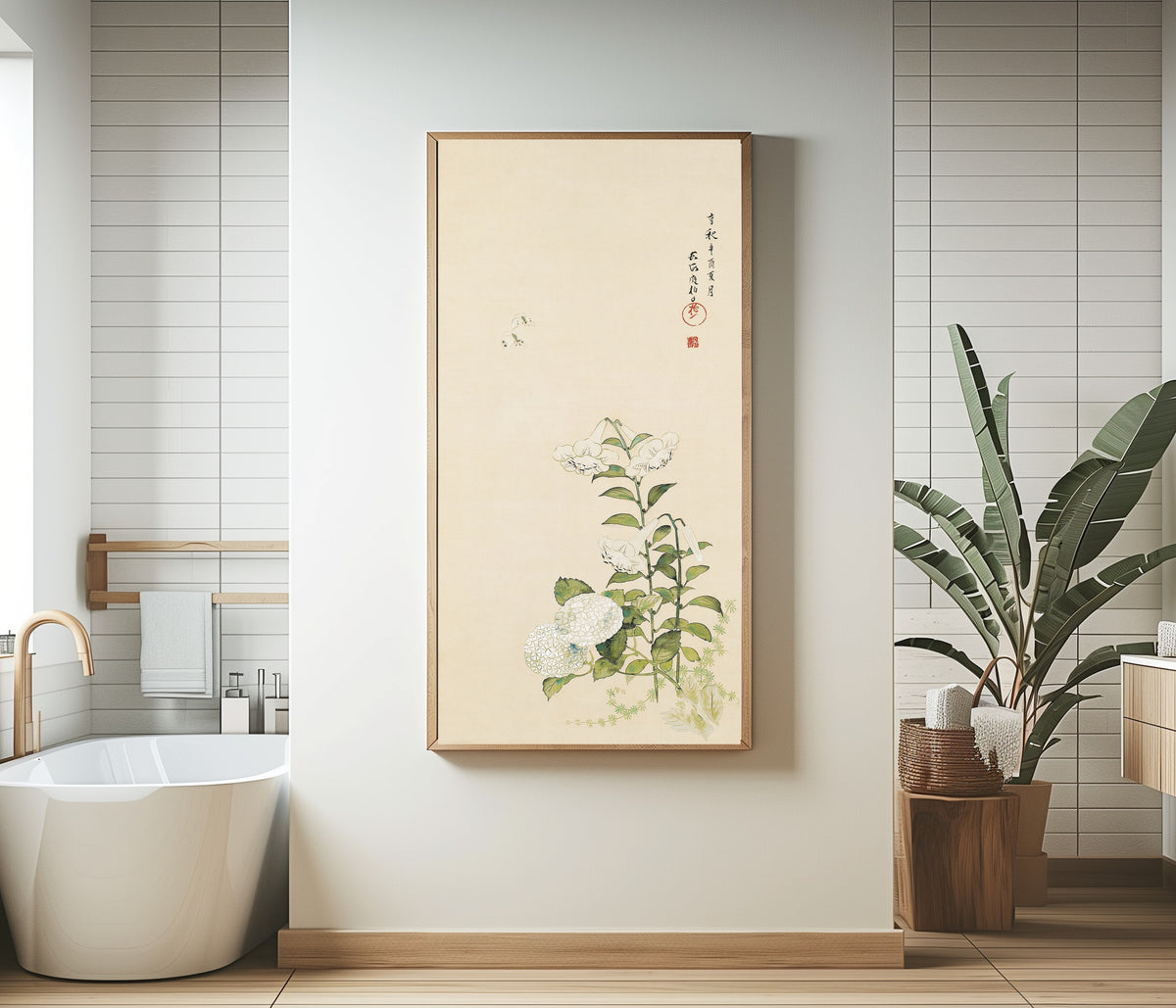 Lilies with Hydrangea and Hollyhocks (Single Screen Panel) by Sakai Hōitsu — framed in a bathroom beside a freestanding tub