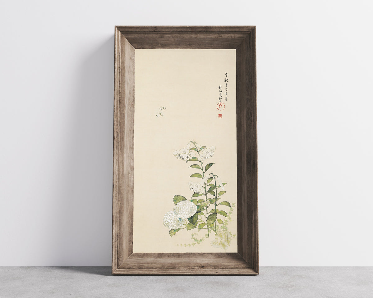 Lilies with Hydrangea and Hollyhocks (Single Screen Panel) by Sakai Hōitsu — in a wide wooden frame leaning against a concrete wall