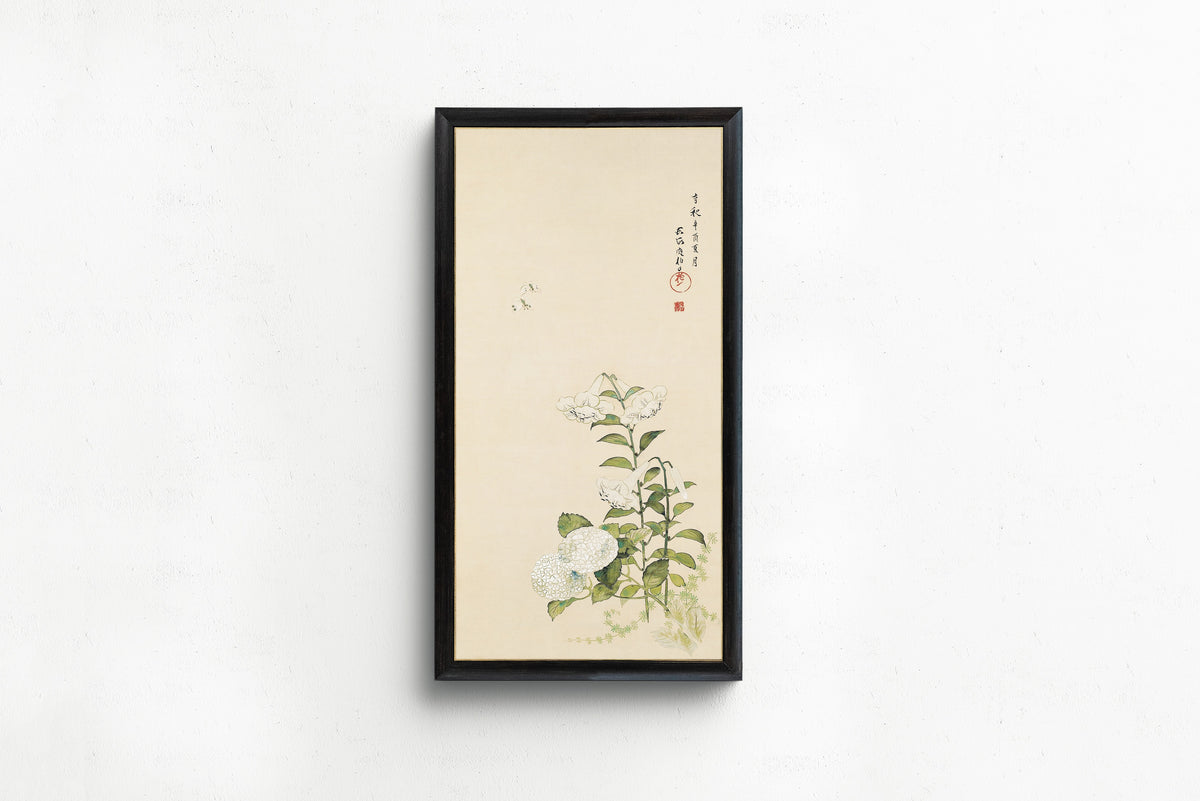 Lilies with Hydrangea and Hollyhocks (Single Screen Panel) by Sakai Hōitsu — in a slim black frame on a plain white wall