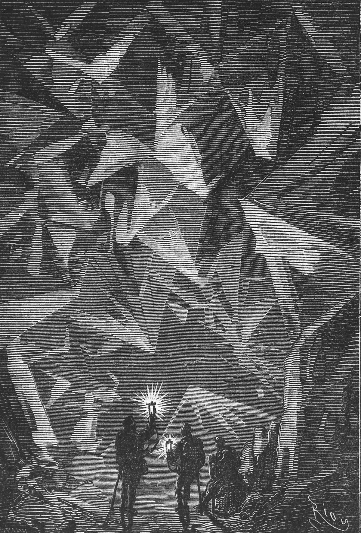Je m'imaginais voyager à travers un diamant (I imagined I was travelling through a diamond) by Édouard Riou — Explorers raise their lamps in a cavern of giant