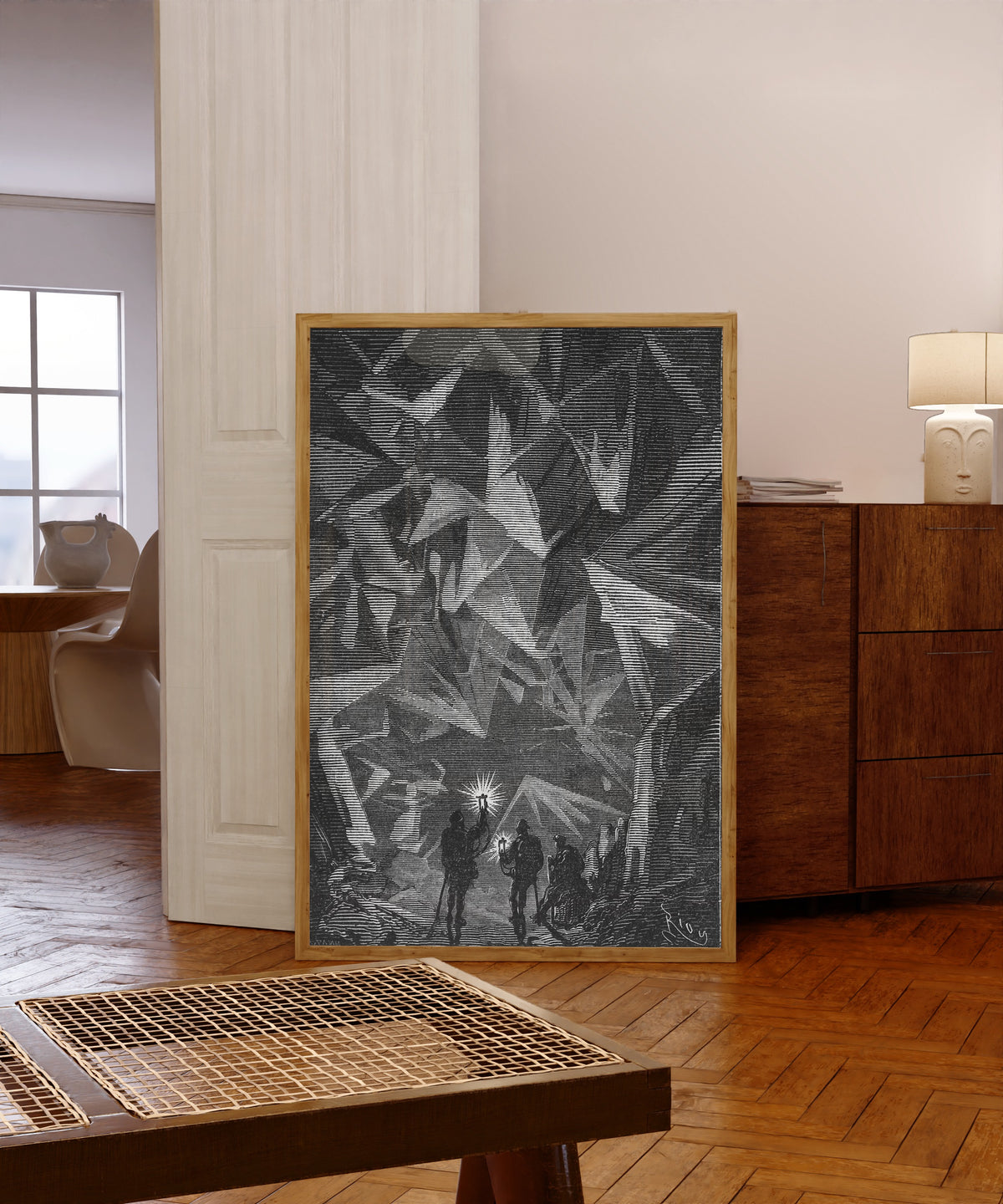 Framed art print of Je m'imaginais voyager à travers un diamant (I imagined… by Édouard Riou, in a light wood frame leaning in a warm room with a parquet floor